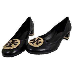 TORY BURCH Janey Black Leather Block Heel Pumps Gold Accents Womens Size 9M EUC